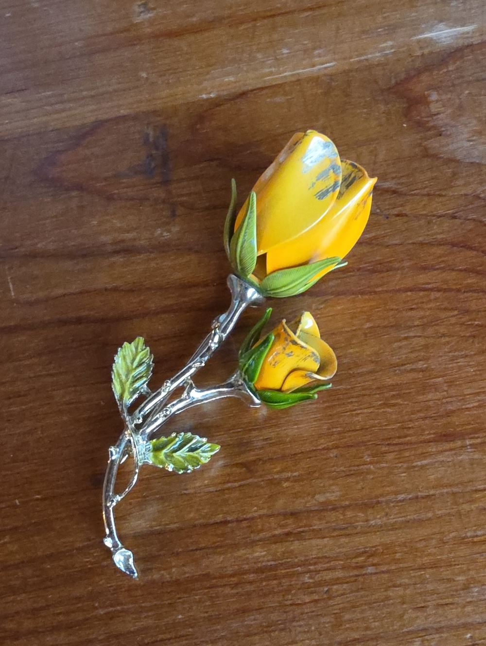 Vintage Enamel Orange Tulip Long Stem Double Rose Pin Brooch